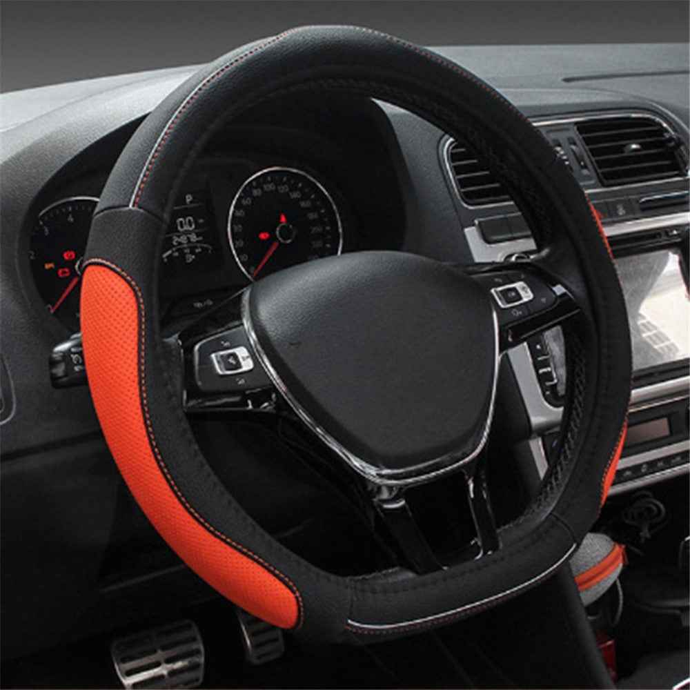 38cm D-shape Car Steering Wheel Cover Imitation Leather Anti-skid Steering Wheel Sleeve - Black+Orange