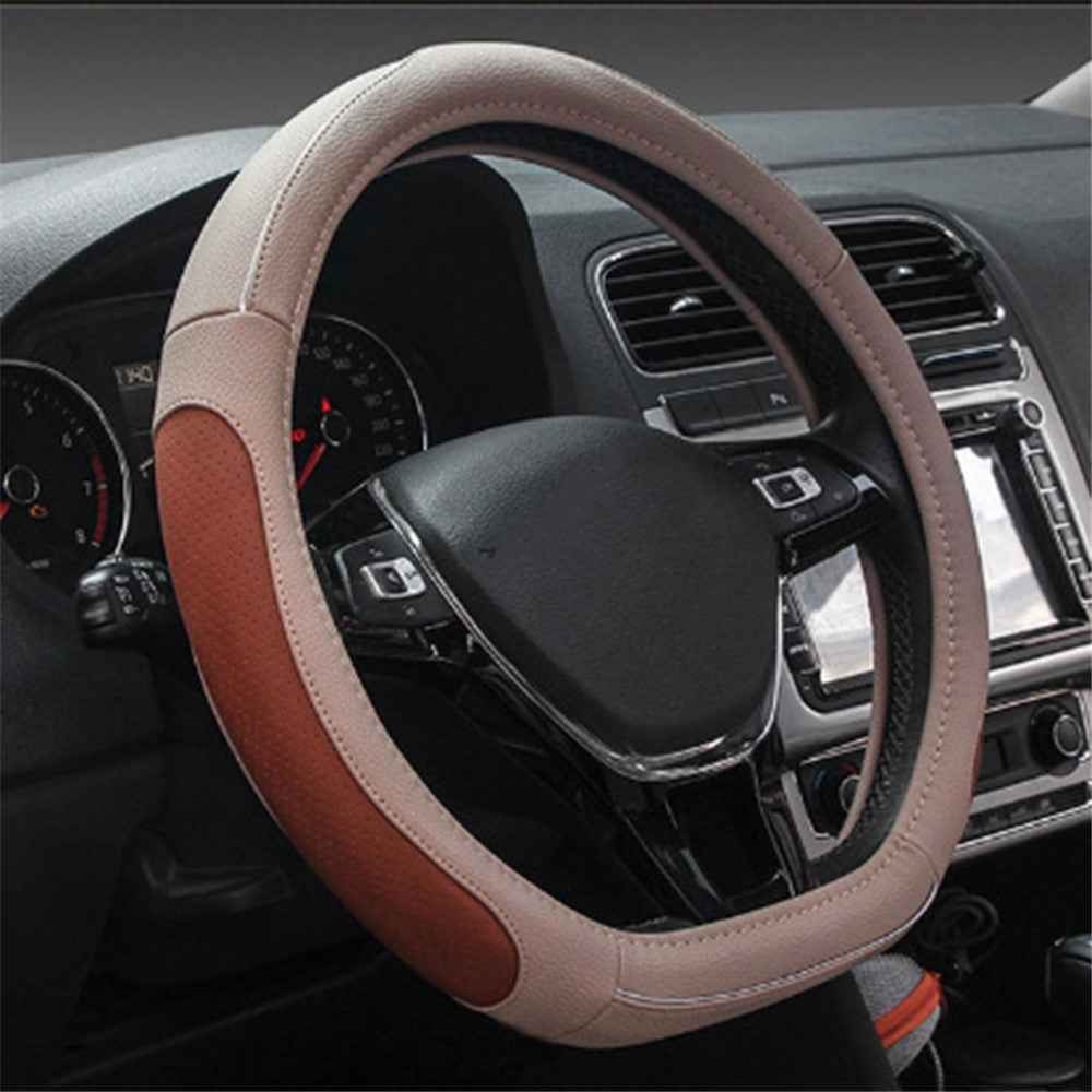 38cm D-shape Car Steering Wheel Cover Imitation Leather Anti-skid Steering Wheel Sleeve - Beige+Coffee