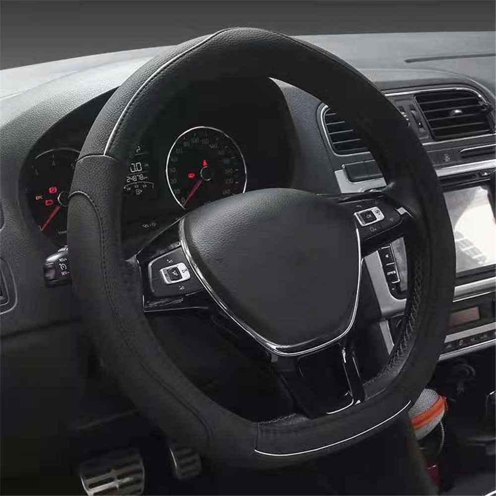 38cm D-shape Car Steering Wheel Cover Imitation Leather Anti-skid Steering Wheel Sleeve - Black
