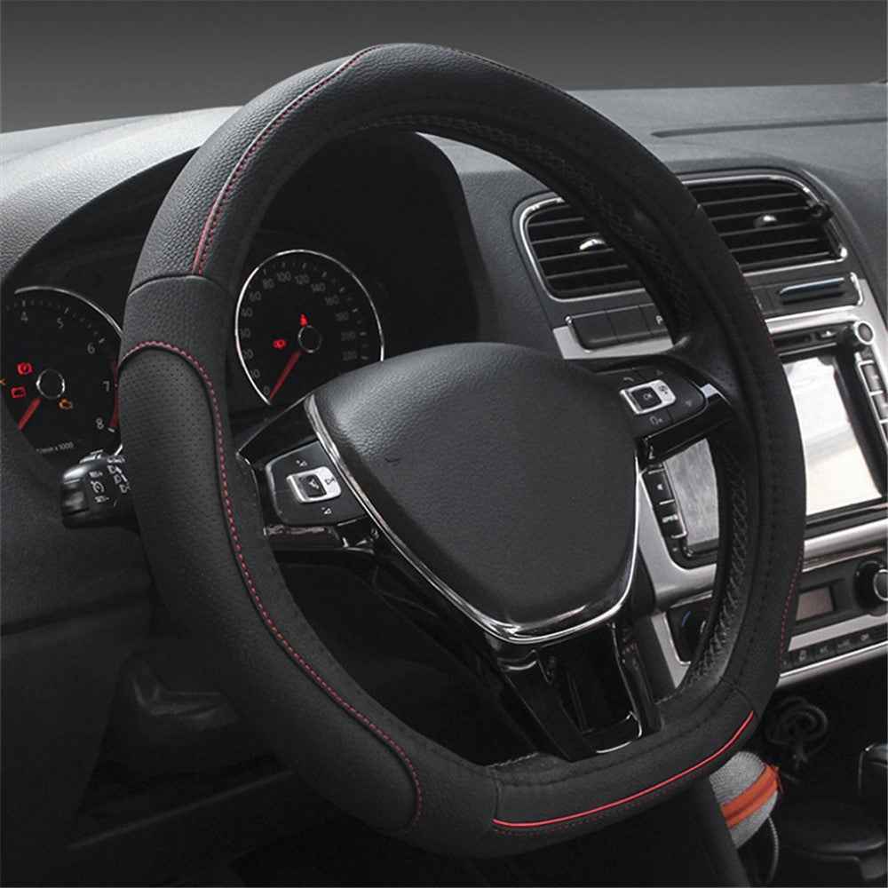 38cm D-shape Car Steering Wheel Cover Imitation Leather Anti-skid Steering Wheel Sleeve - Black+Red Line