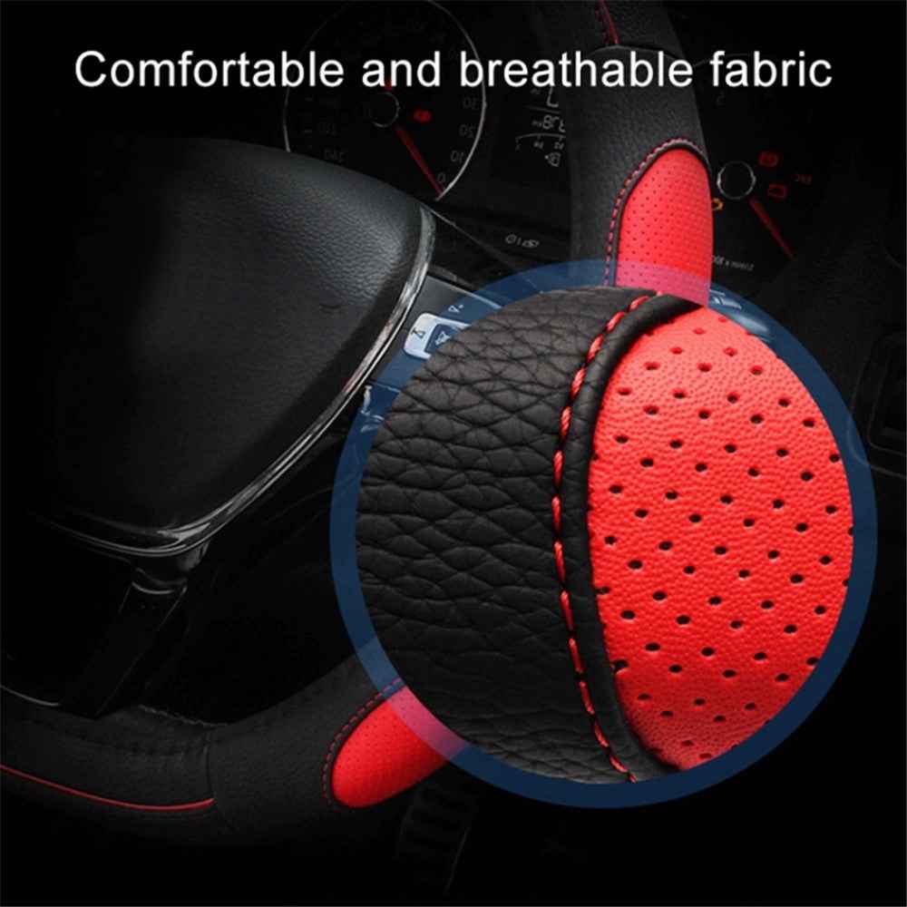 38cm D-shape Car Steering Wheel Cover Imitation Leather Anti-skid Steering Wheel Sleeve - Black+Red Line