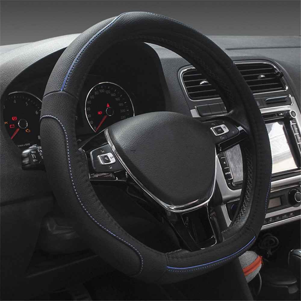 38cm D-shape Car Steering Wheel Cover Imitation Leather Anti-skid Steering Wheel Sleeve - Black+Blue Line