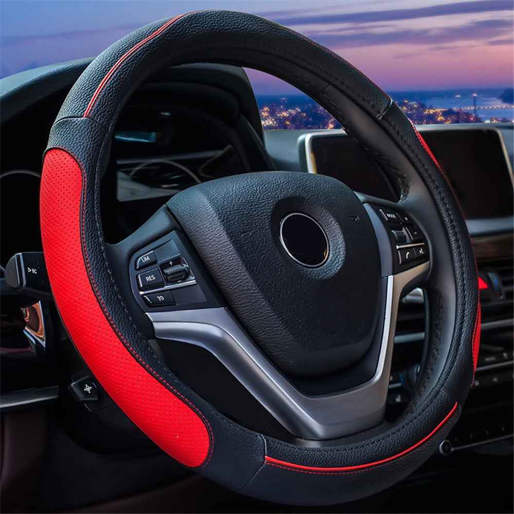 38cm Round Car Steering Wheel Cover Breathable Imitation Leather Steering Wheel Sleeve - Black+Red