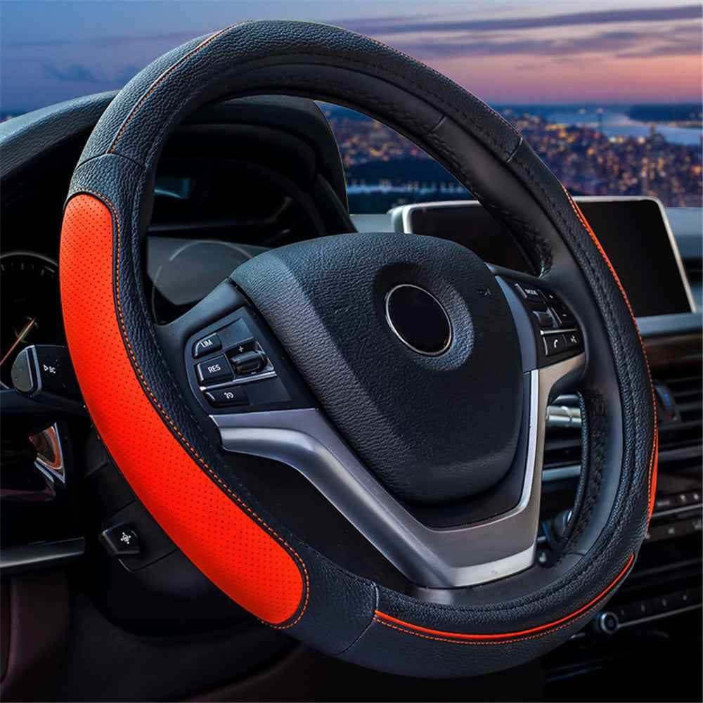 38cm Round Car Steering Wheel Cover Breathable Imitation Leather Steering Wheel Sleeve - Black+Orange