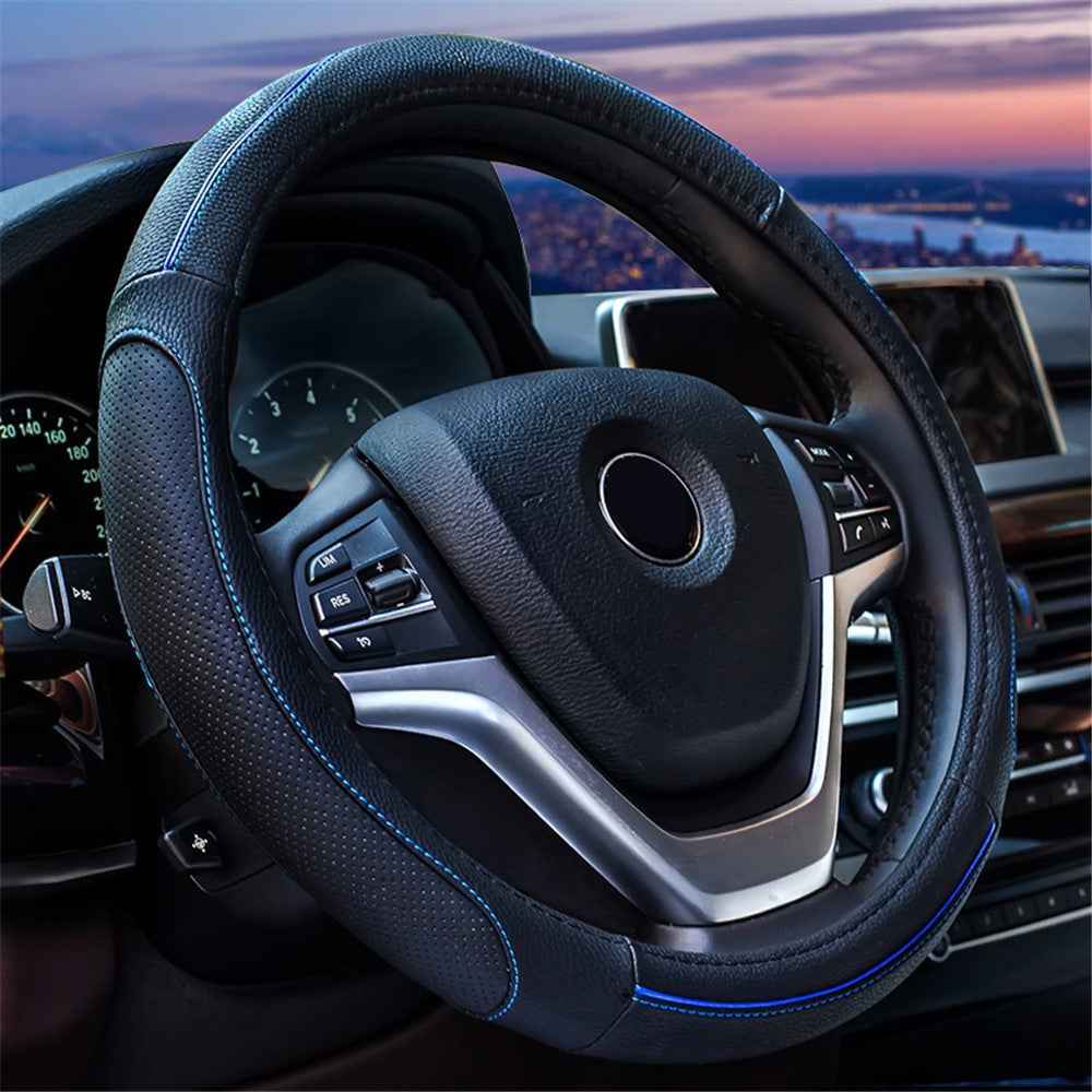 38cm Round Car Steering Wheel Cover Breathable Imitation Leather Steering Wheel Sleeve - Black+Blue Line