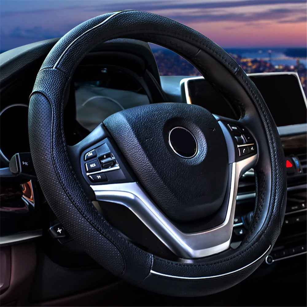 38cm Round Car Steering Wheel Cover Breathable Imitation Leather Steering Wheel Sleeve - Black
