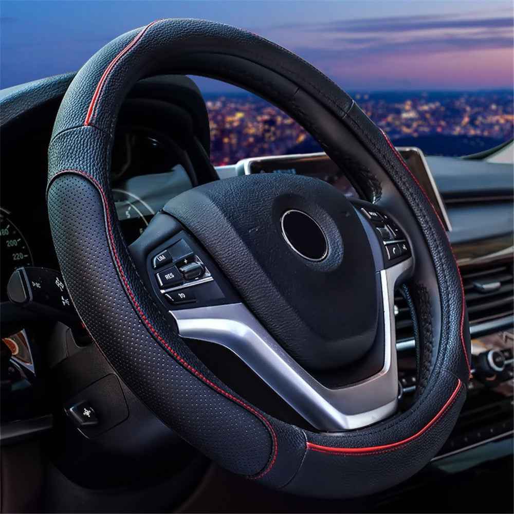 38cm Round Car Steering Wheel Cover Breathable Imitation Leather Steering Wheel Sleeve - Black+Red Line