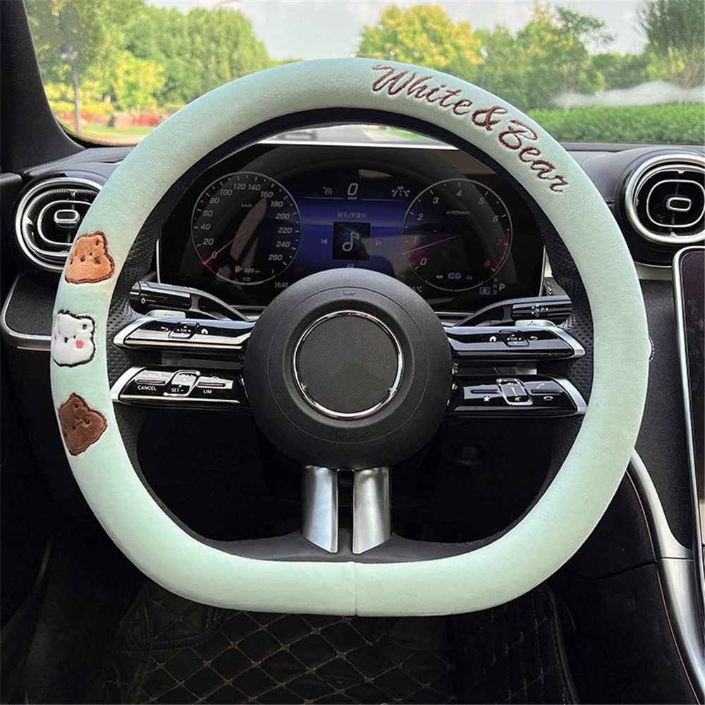 38cm D-shape Cartoon Bear Car Steering Wheel Cover Short Plush Warm Steering Wheel Sleeve - Green