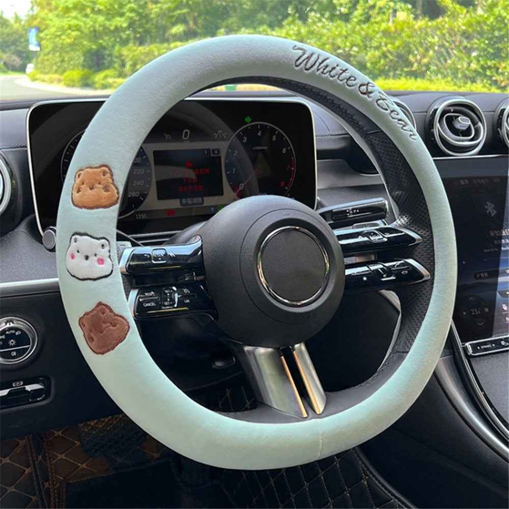 38cm D-shape Cartoon Bear Car Steering Wheel Cover Short Plush Warm Steering Wheel Sleeve - Green