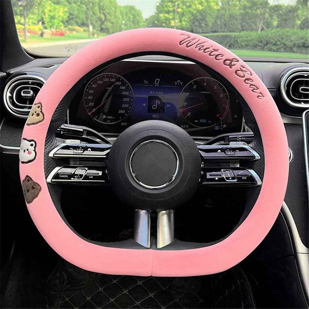 38cm D-shape Cartoon Bear Car Steering Wheel Cover Short Plush Warm Steering Wheel Sleeve - Pink