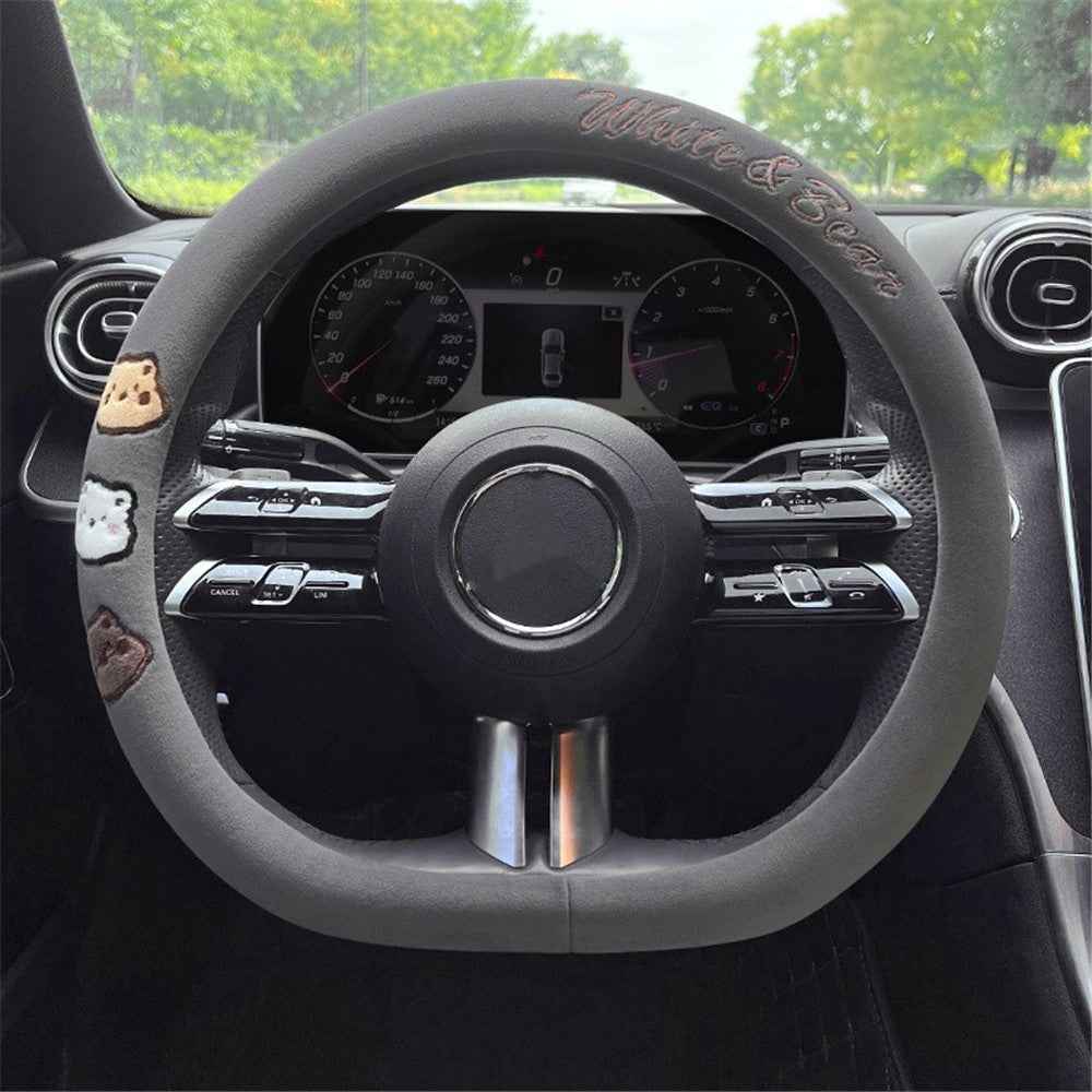 38cm D-shape Cartoon Bear Car Steering Wheel Cover Short Plush Warm Steering Wheel Sleeve - Grey