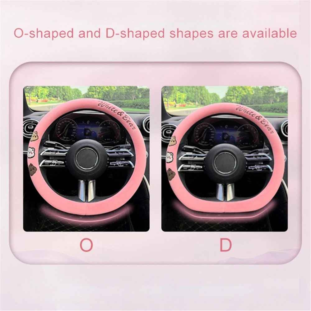 38cm D-shape Cartoon Bear Car Steering Wheel Cover Short Plush Warm Steering Wheel Sleeve - Grey