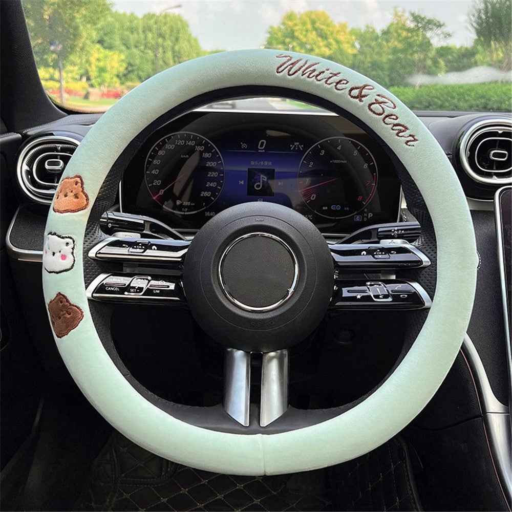 38cm Round Car Steering Wheel Cover Cartoon Bear Design Short Plush Warm Steering Wheel Sleeve - Green