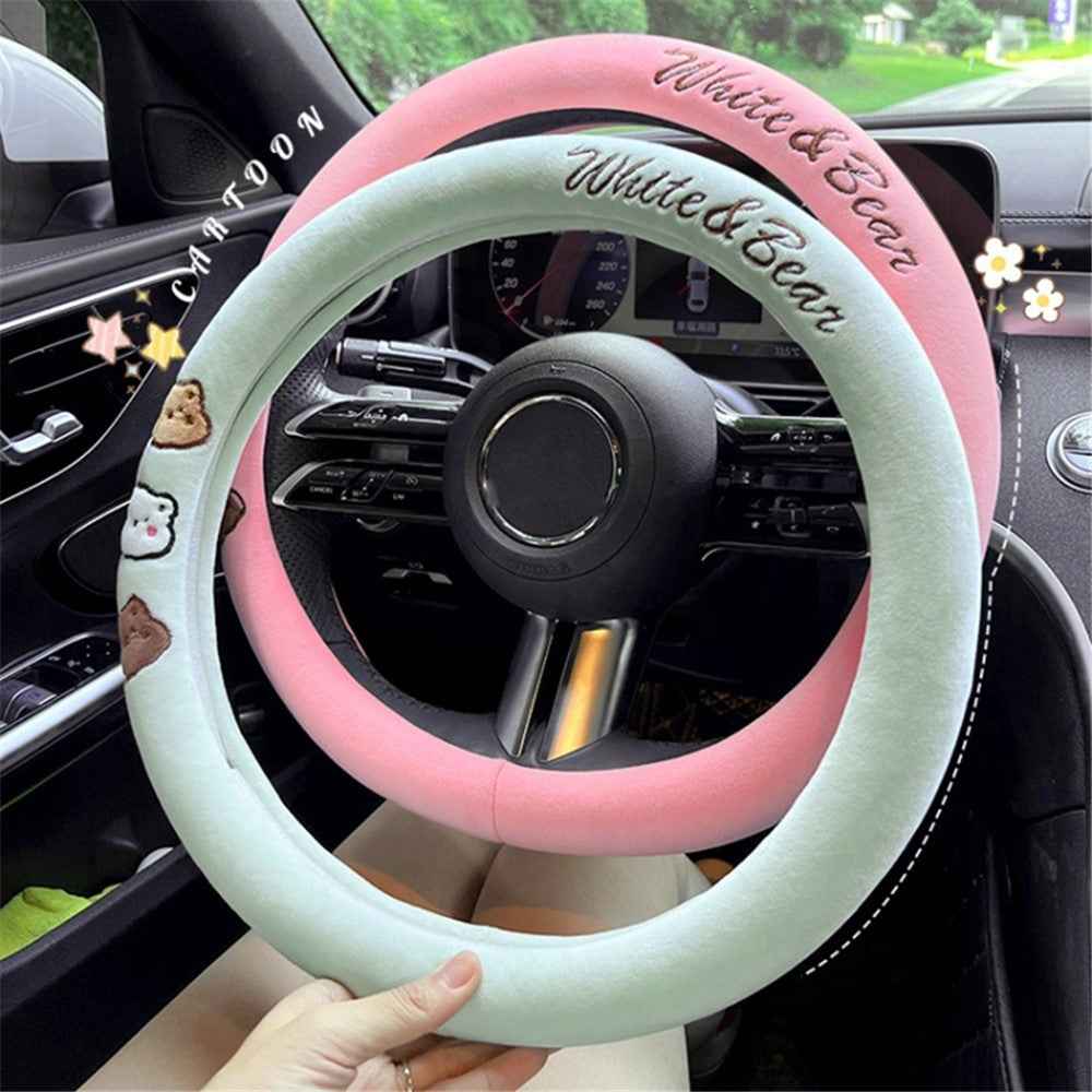 38cm Round Car Steering Wheel Cover Cartoon Bear Design Short Plush Warm Steering Wheel Sleeve - Green