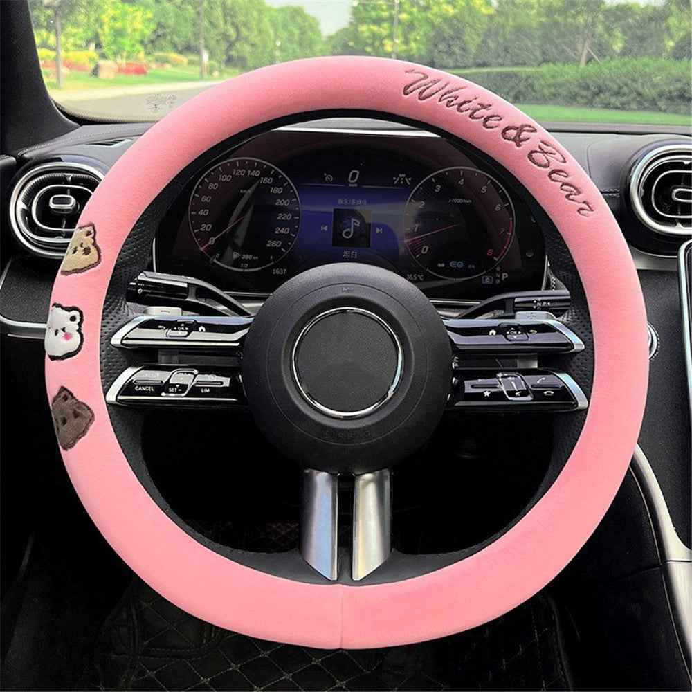 38cm Round Car Steering Wheel Cover Cartoon Bear Design Short Plush Warm Steering Wheel Sleeve - Pink