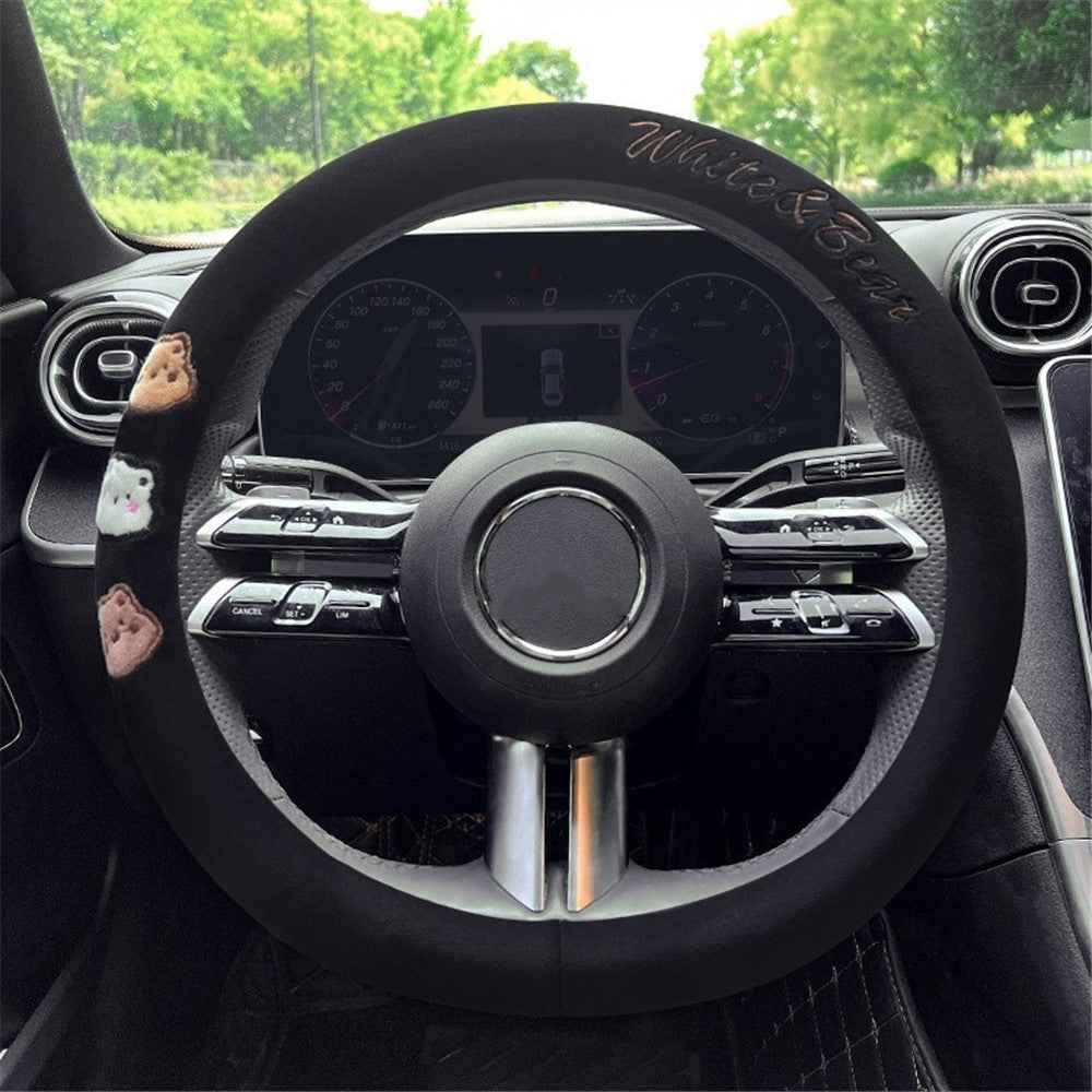 38cm Round Car Steering Wheel Cover Cartoon Bear Design Short Plush Warm Steering Wheel Sleeve - Black