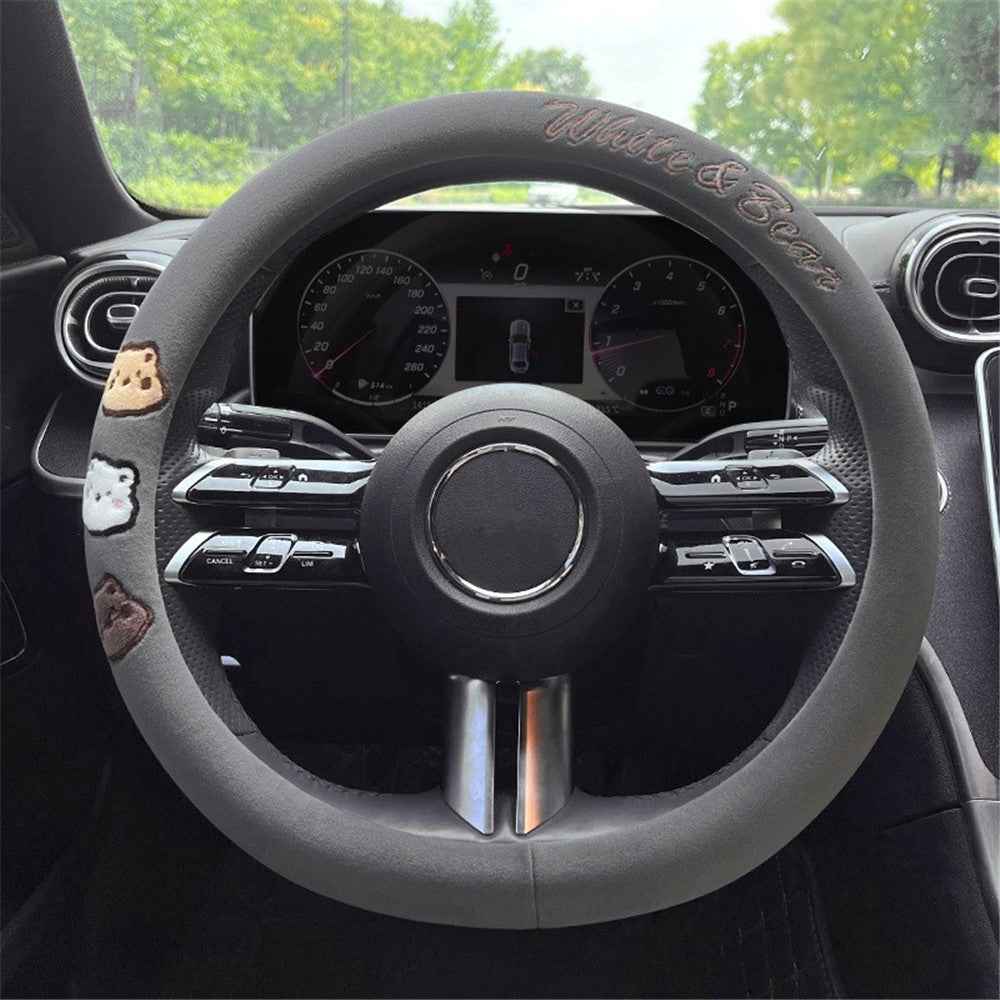 38cm Round Car Steering Wheel Cover Cartoon Bear Design Short Plush Warm Steering Wheel Sleeve - Grey