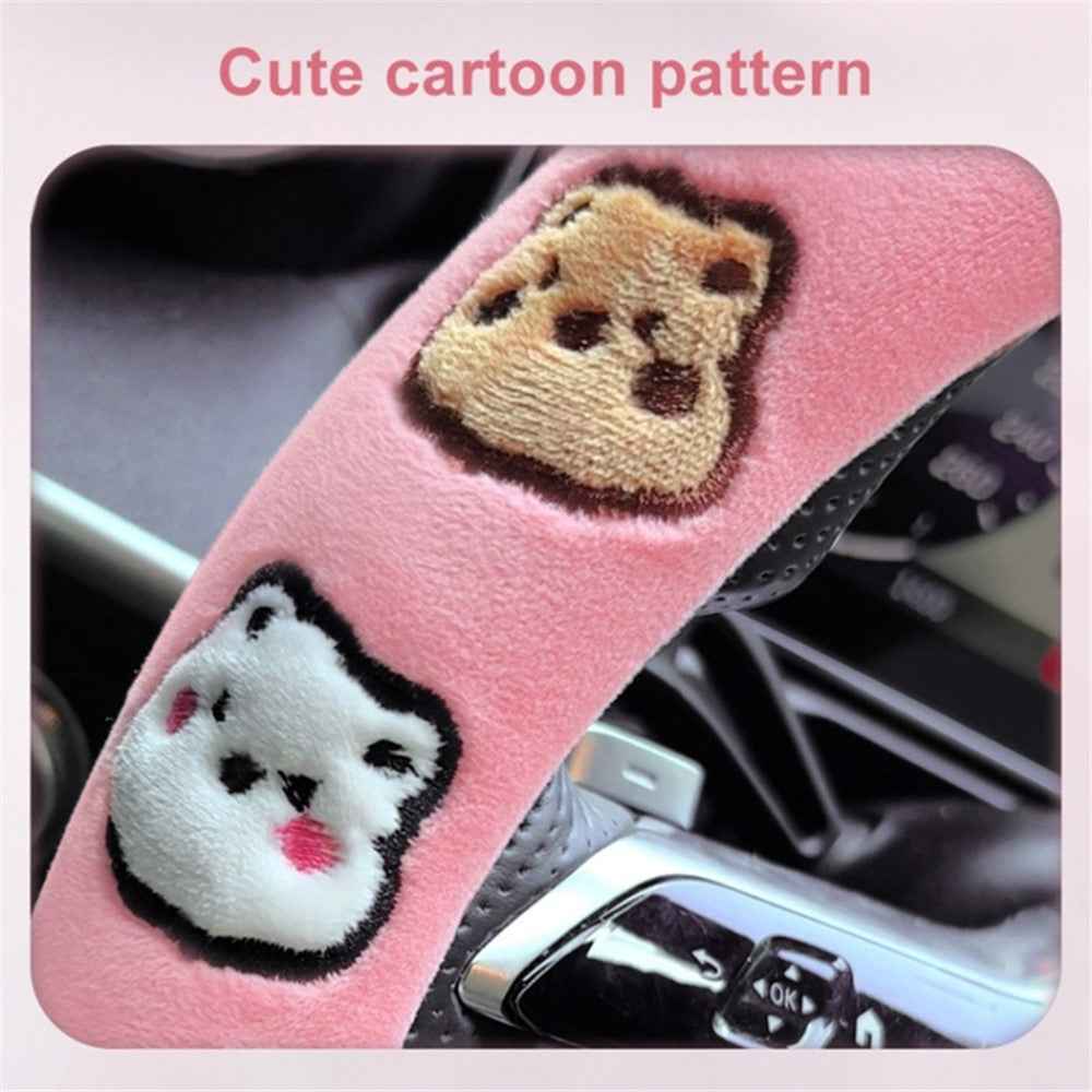 38cm Round Car Steering Wheel Cover Cartoon Bear Design Short Plush Warm Steering Wheel Sleeve - Grey