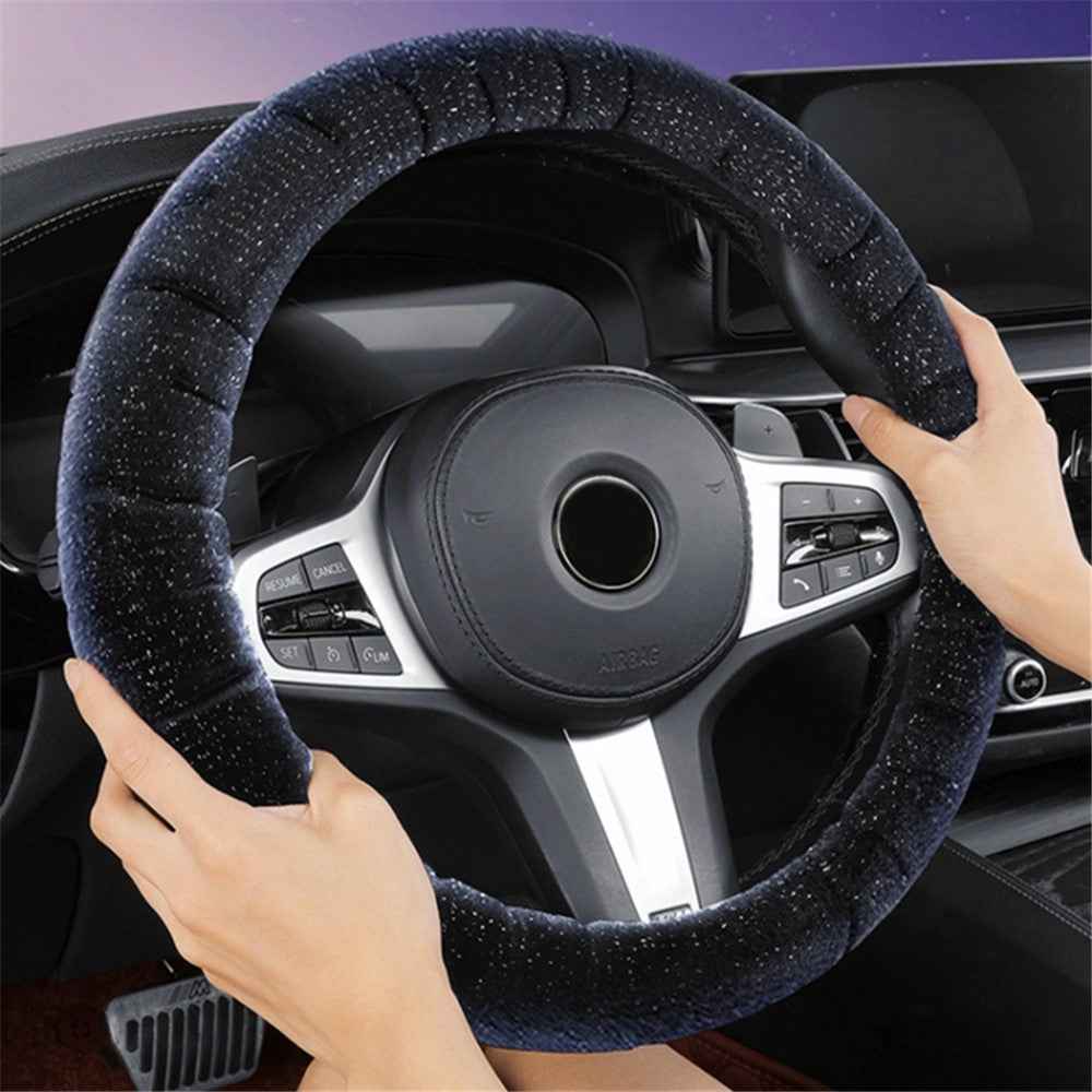 38cm Round Car Steering Wheel Cover Fluffy Winter Plush Anti-Slip Car Decoration - Black