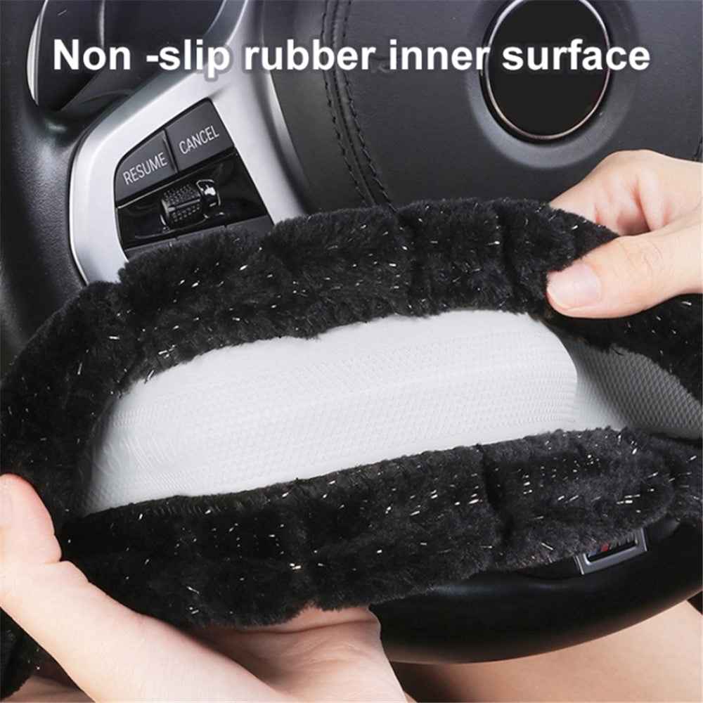 38cm Round Car Steering Wheel Cover Fluffy Winter Plush Anti-Slip Car Decoration - White