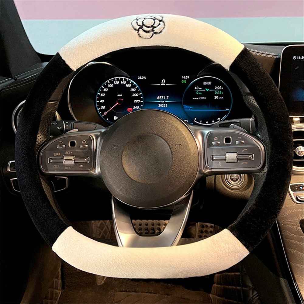 38cm D-shape Camellia Pattern Car Steering Wheel Cover Plush Warm Steering Wheel Sleeve - Black+White