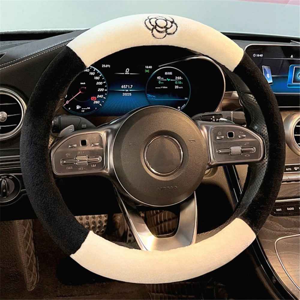 38cm Round Car Steering Wheel Cover Camellia Pattern Anti-skid Plush Steering Wheel Sleeve - Black+White