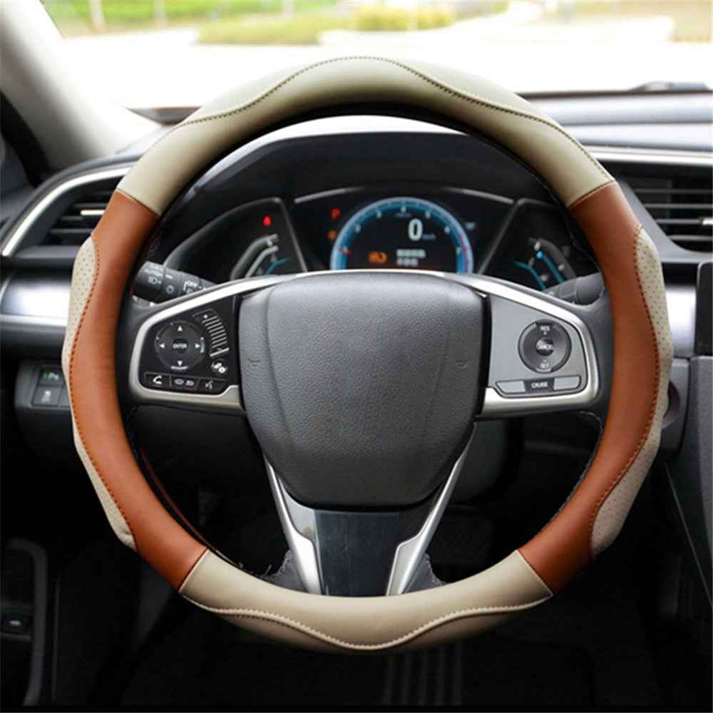 38cm Round Car Steering Wheel Cover Anti-skid Microfiber Leather Steering Wheel Sleeve - Beige+Coffee