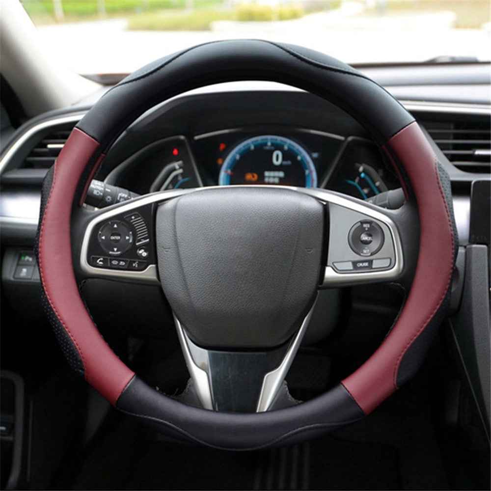 38cm Round Car Steering Wheel Cover Anti-skid Microfiber Leather Steering Wheel Sleeve - Black+Wine Red
