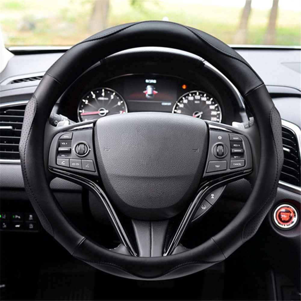 38cm Round Car Steering Wheel Cover Anti-skid Microfiber Leather Steering Wheel Sleeve - Black