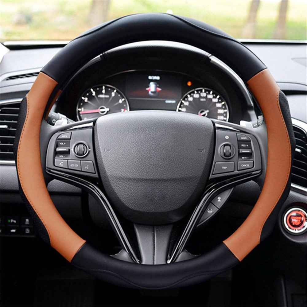 38cm Round Car Steering Wheel Cover Anti-skid Microfiber Leather Steering Wheel Sleeve - Black+Coffee