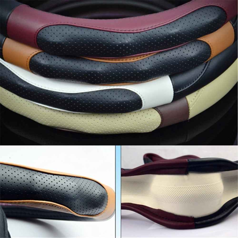 38cm Round Car Steering Wheel Cover Anti-skid Microfiber Leather Steering Wheel Sleeve - Black+Coffee