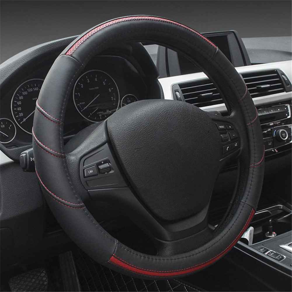 38cm Stylish Car Steering Wheel Cover Cowhide Leather Anti-skid Steering Wheel Sleeve - Black+Red