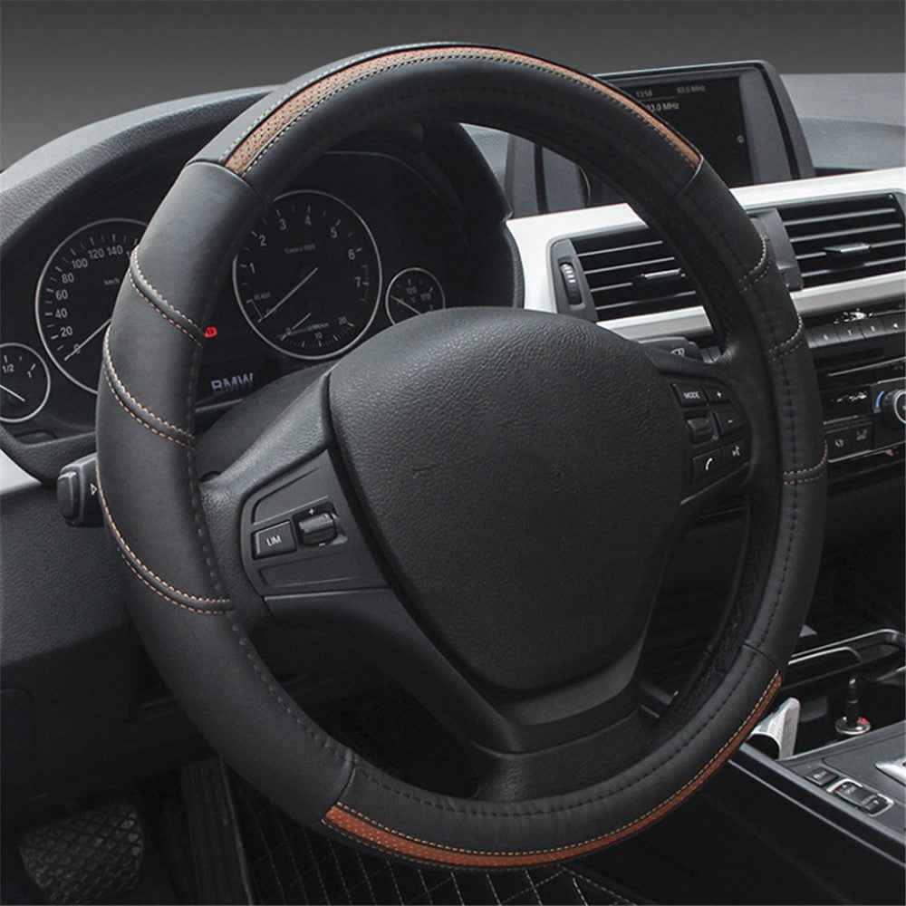 38cm Stylish Car Steering Wheel Cover Cowhide Leather Anti-skid Steering Wheel Sleeve - Black+Coffee