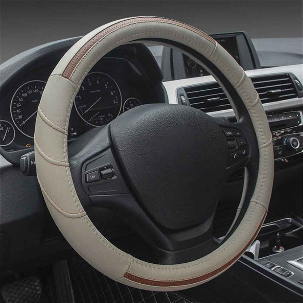 38cm Stylish Car Steering Wheel Cover Cowhide Leather Anti-skid Steering Wheel Sleeve - Beige+Coffee