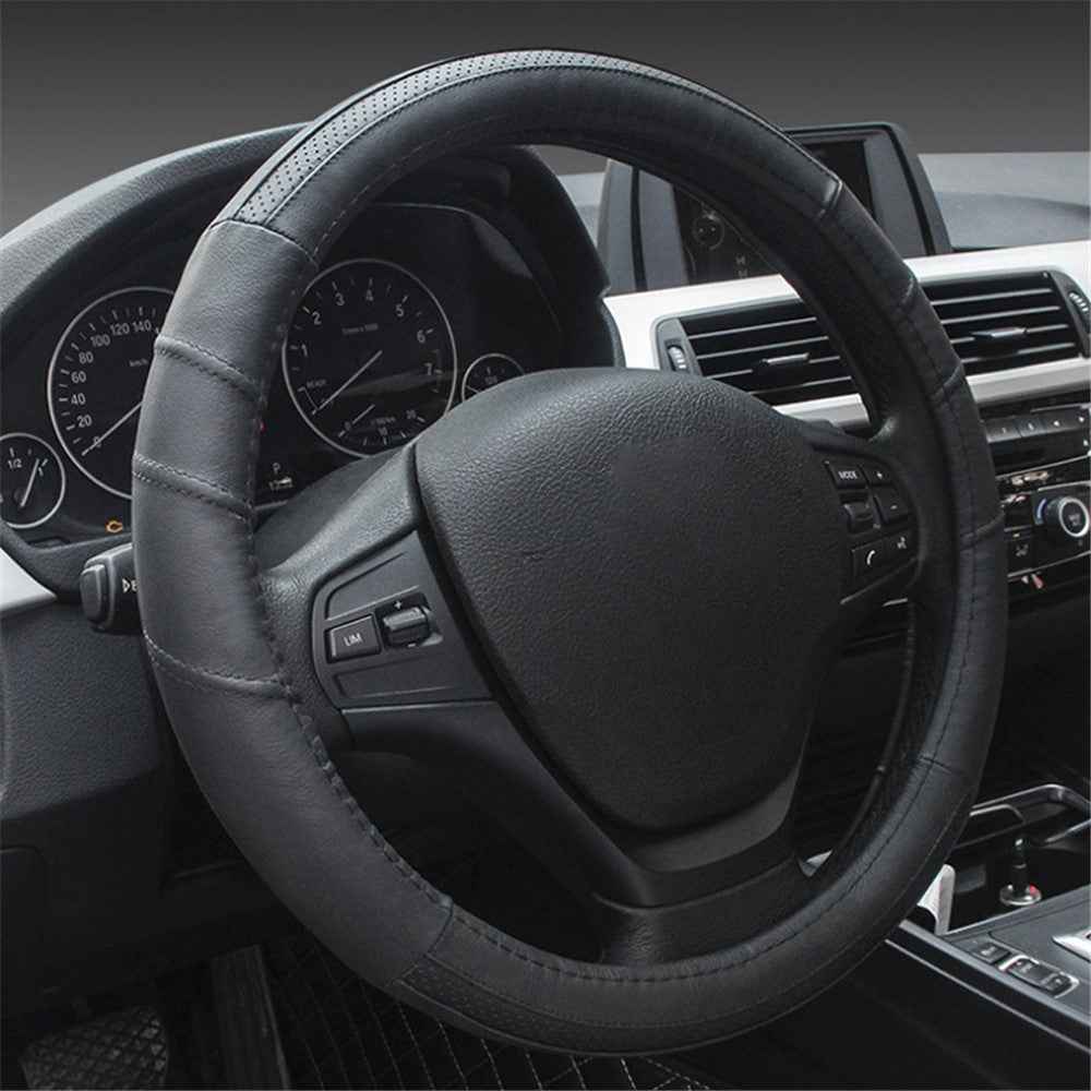 38cm Stylish Car Steering Wheel Cover Cowhide Leather Anti-skid Steering Wheel Sleeve - Black