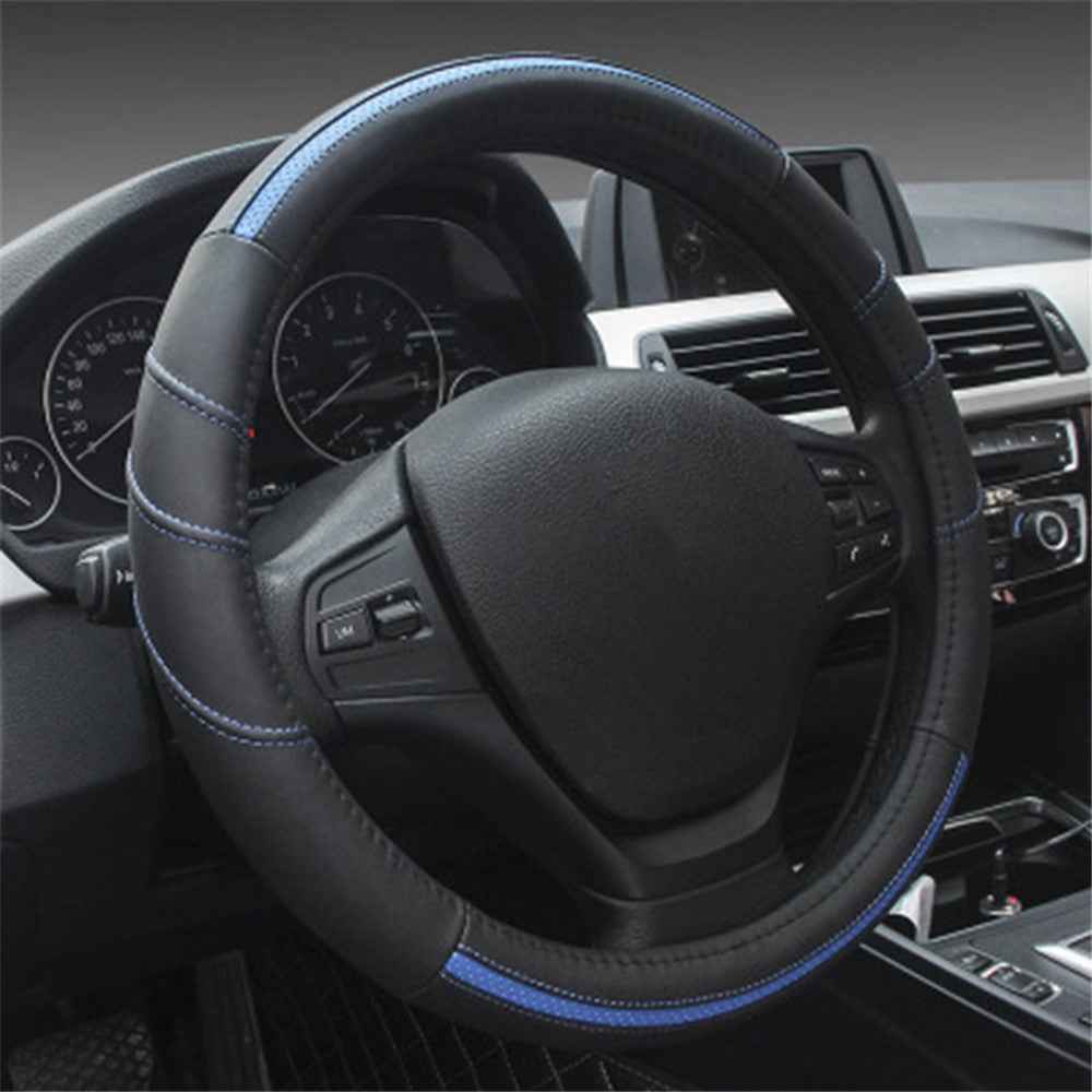 38cm Stylish Car Steering Wheel Cover Cowhide Leather Anti-skid Steering Wheel Sleeve - Black+Blue