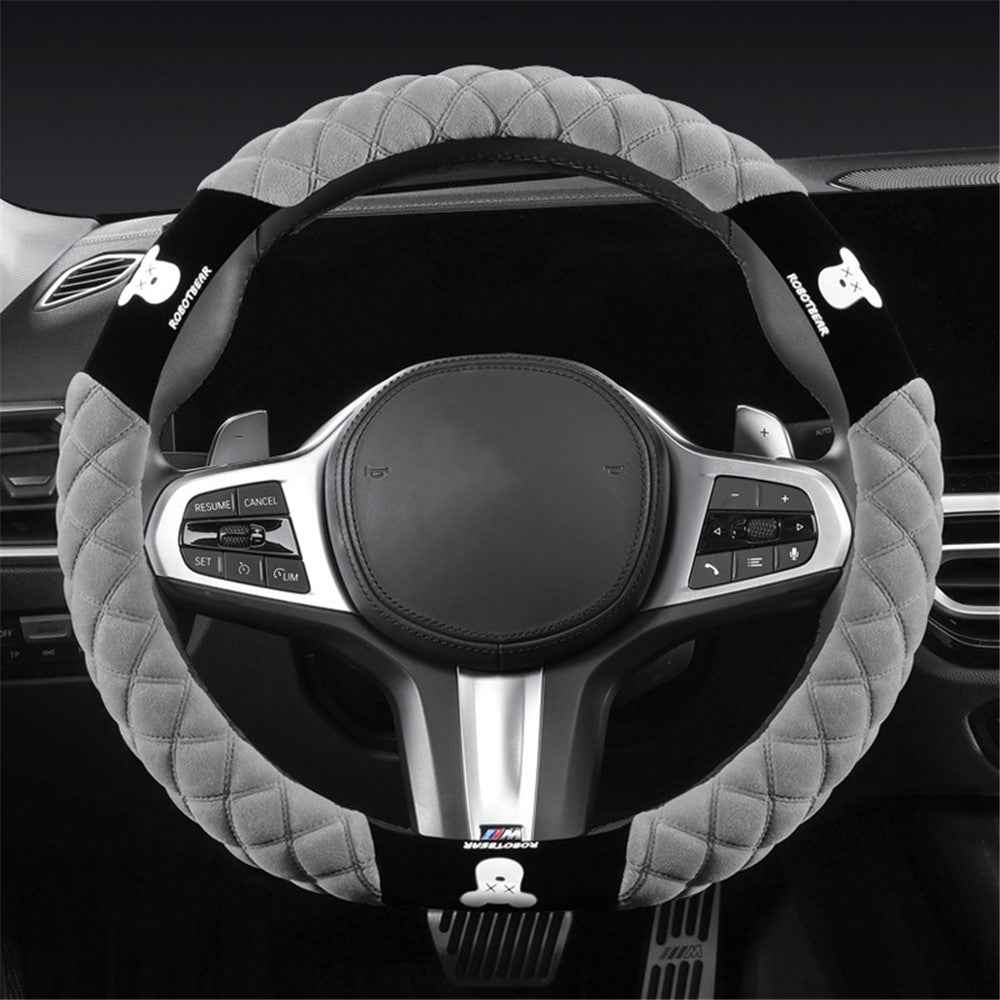 38cm D-shape Car Steering Wheel Cover Winter Fluffy Bear Steering Wheel Protector - Grey