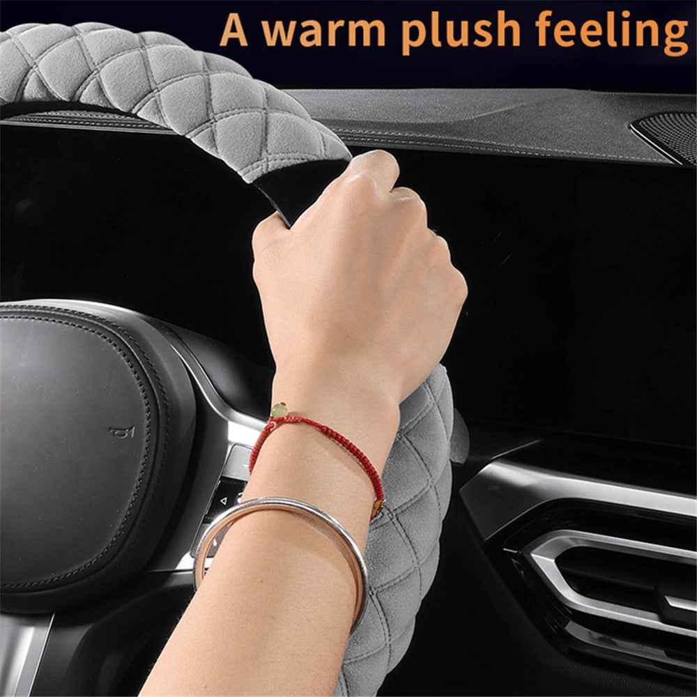 38cm D-shape Car Steering Wheel Cover Winter Fluffy Bear Steering Wheel Protector - Grey