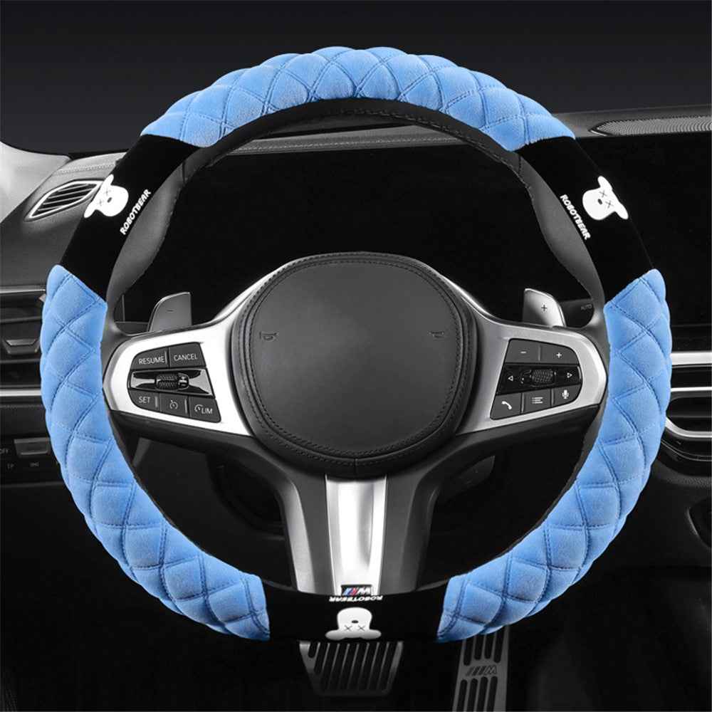 38cm D-shape Car Steering Wheel Cover Winter Fluffy Bear Steering Wheel Protector - Blue