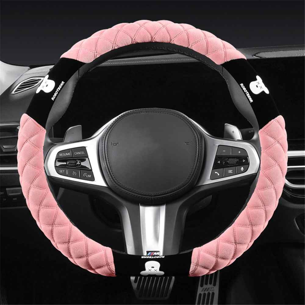 38cm D-shape Car Steering Wheel Cover Winter Fluffy Bear Steering Wheel Protector - Pink