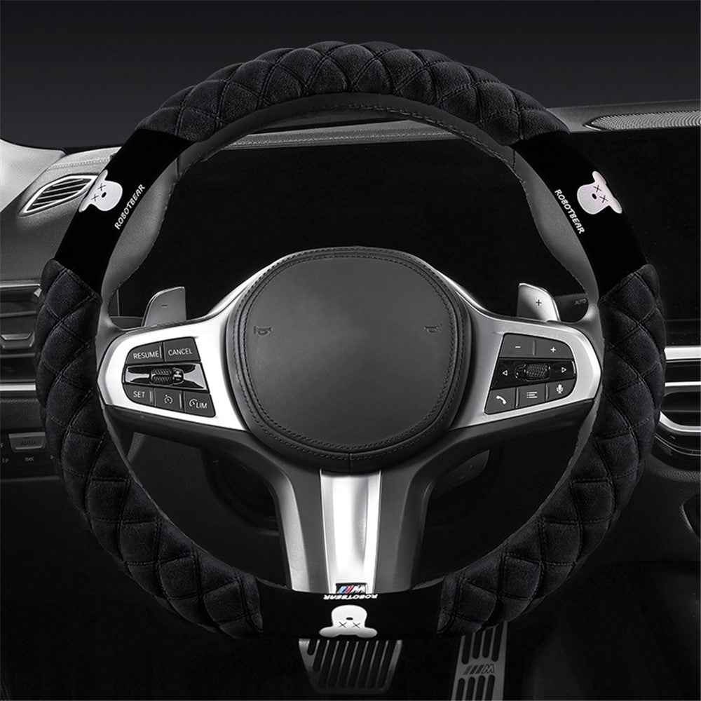 38cm D-shape Car Steering Wheel Cover Winter Fluffy Bear Steering Wheel Protector - Black