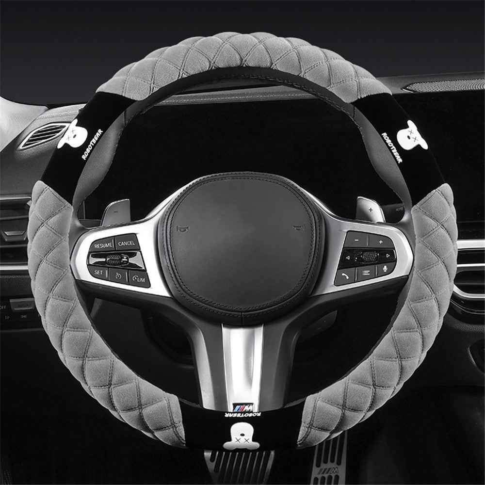 38cm Bear Round Car Steering Wheel Cover Soft Short Plush Warm Auto Interior Accessories - Grey