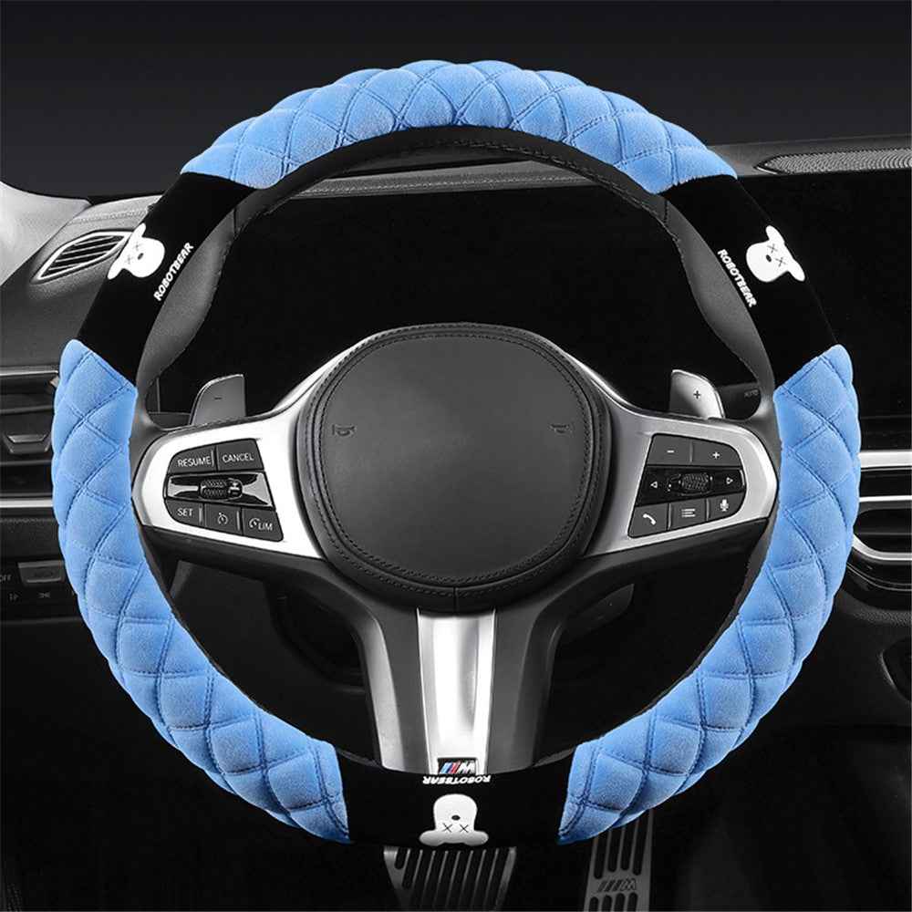 38cm Bear Round Car Steering Wheel Cover Soft Short Plush Warm Auto Interior Accessories - Blue