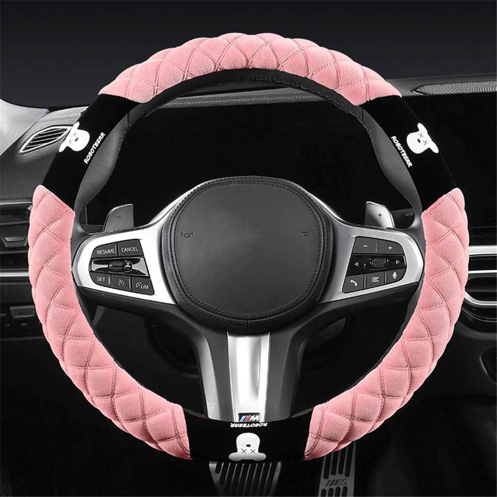 38cm Bear Round Car Steering Wheel Cover Soft Short Plush Warm Auto Interior Accessories - Pink
