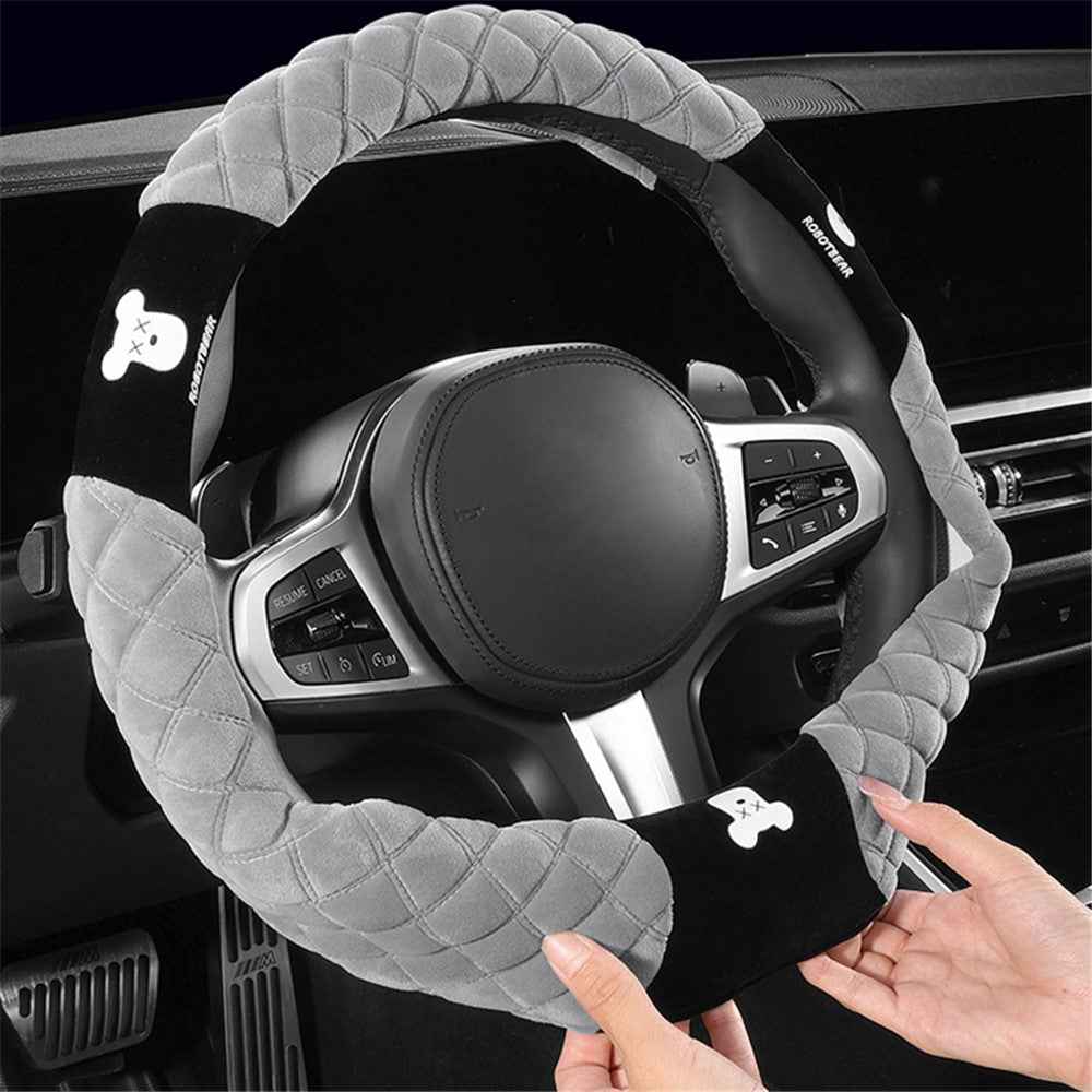 38cm Bear Round Car Steering Wheel Cover Soft Short Plush Warm Auto Interior Accessories - Pink