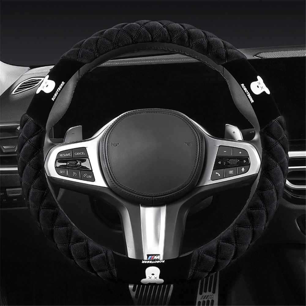 38cm Bear Round Car Steering Wheel Cover Soft Short Plush Warm Auto Interior Accessories - Black