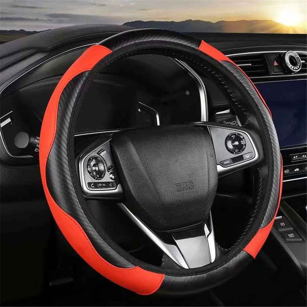 39cm Carbon Fiber Leather Steering Wheel Cover Anti-Slip Car Steering Wheel Protector - Red