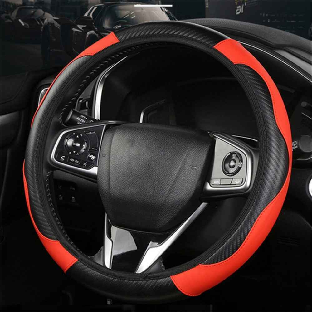 39cm Carbon Fiber Leather Steering Wheel Cover Anti-Slip Car Steering Wheel Protector - Red