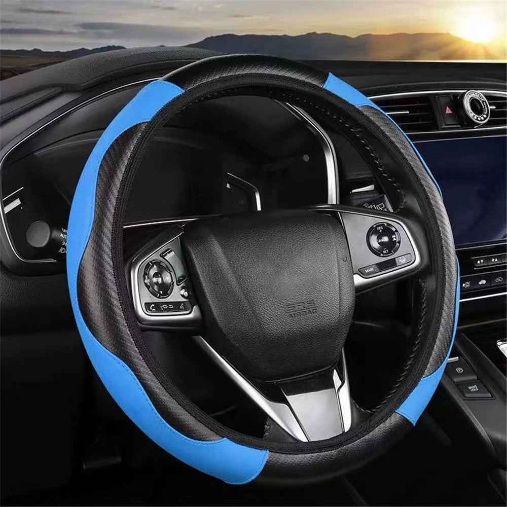 39cm Carbon Fiber Leather Steering Wheel Cover Anti-Slip Car Steering Wheel Protector - Blue