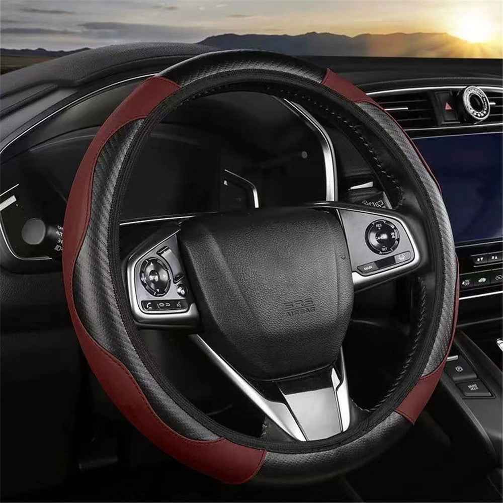 39cm Carbon Fiber Leather Steering Wheel Cover Anti-Slip Car Steering Wheel Protector - Wine Red